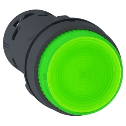 Picture of Monolithic illuminated push button, Harmony XB7, plastic, green, 22mm, integral LED, spring return, 230...240V AC, 1NO