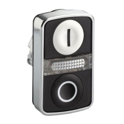 Picture of Illuminated double headed push button head, Harmony XB4, metal, 22mm, 1 white flush marked I + 1 pilot light + 1 black flush marked O