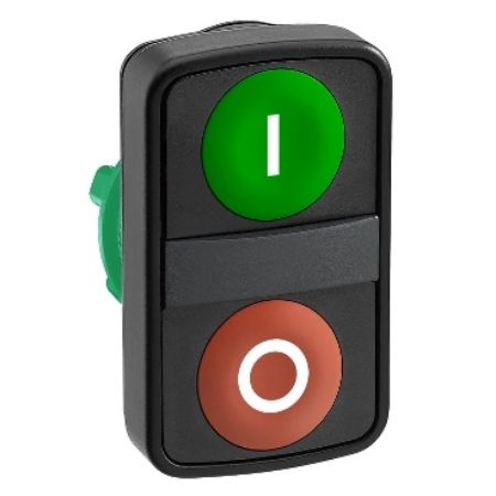 Picture of Head for double headed push button, Harmony XB5, plastic, 22mm, 1 green flush marked I + 1 red flush marked O