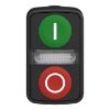 Picture of Illuminated double headed push button head, Harmony XB5, plastic, 22mm, 1 green flush marked I + 1 pilot light + 1 red flush marked O