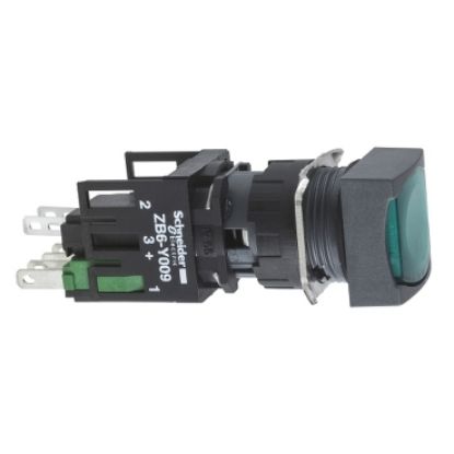 Picture of Complete illuminated push button, Harmony XB6, green square flush, 16mm, latching, 1NO + 1NC,  12...24V