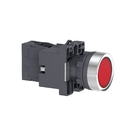 Picture of Complete illuminated push button, Easy Harmony XA2, plastic, flush, red, 22mm, spring return, 24V AC DC, 1NO