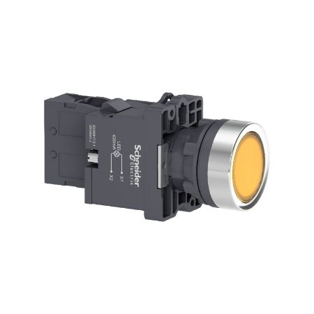 Picture of Complete illuminated push button, Easy Harmony XA2, plastic, flush, amber, 22mm, spring return, 220V AC, 1NO