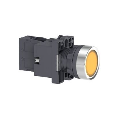 Picture of Complete illuminated push button, Easy Harmony XA2, plastic, flush, amber, 22mm, spring return, 24V AC DC, 1NO