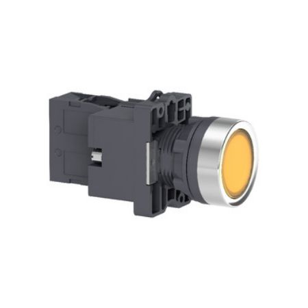 Picture of Complete illuminated push button, Easy Harmony XA2, plastic, flush, amber, 22mm, spring return, 24V AC DC, 1NO