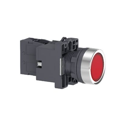 Picture of Complete illuminated push button, Easy Harmony XA2, plastic, flush, red, 22mm, spring return, 380V AC, 1NC