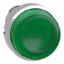 Picture of Harmony XB4, Head for illuminated push button, metal, green projecting, 22mm, universal LED, spring return, plain lens