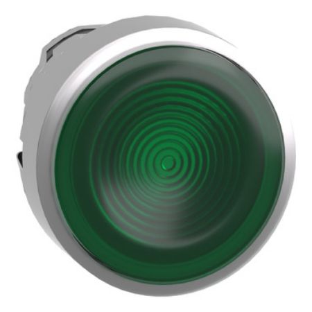 Picture of Head for illuminated push button, Harmony XB4, metal, green flush, 22mm, universal LED, spring return, grooved lens