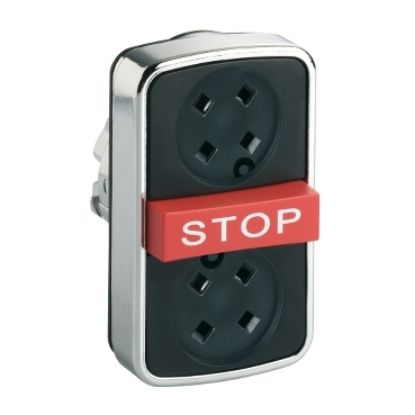Picture of Head for illuminated triple headed push button, Harmony XB4, metal, 22mm, 2 flush push buttons, 1 central projecting red STOP, spring return, unmarked