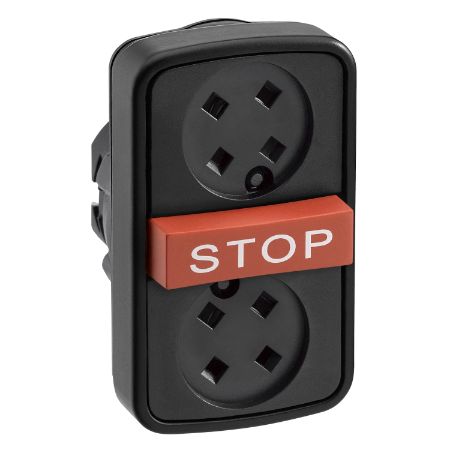 Picture of Head for triple headed push button, Harmony XB5, 2 flush without cap, 1 red projecting,  22mm, marked STOP
