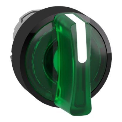 Picture of Head for illuminated selector switch, Harmony XB4, universal LED,  black metal, green handle, 22mm, 3 positions, stay put