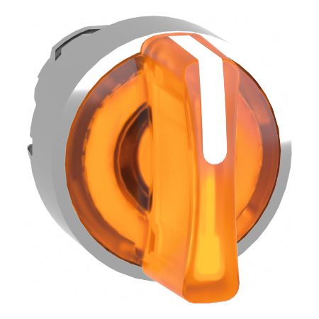 Picture of Head for illuminated selector switch, Harmony XB4, chromium metal, orange handle, 22mm, universal LED, 3 positions,