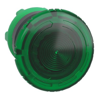 Picture of Head for illuminated push button, Harmony XB5, plastic, green mushroom 40mm, 22mm, latching turn to release, clear boot