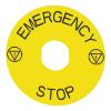 Picture of Marked legend, Harmony XB4, plastic, yellow, 90mm, for emergency stop, marked EMERGENCY STOP with logo ISO13851
