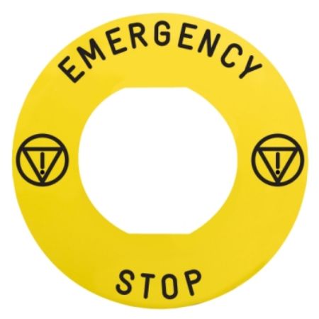Picture of Marked legend, Harmony XB4, Harmony XB5, yellow, 60mm, for emergency stop, marked EMERGENCY STOP/logo ISO13850