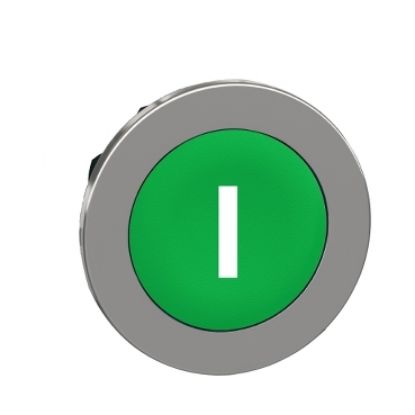 Picture of Flush mounted push button head, Harmony XB4, metal, green, 30mm, spring return, marked I