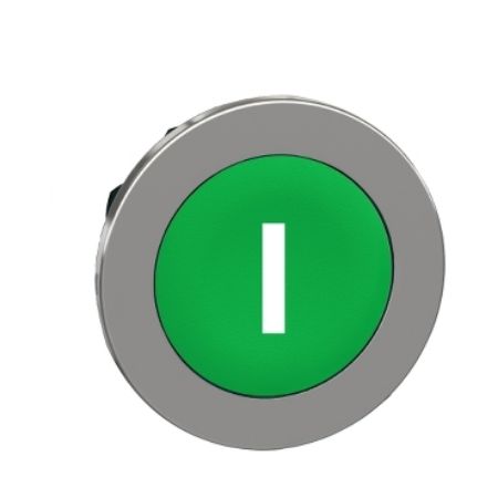 Picture of Flush mounted push button head, Harmony XB4, metal, green, 30mm, spring return, marked I