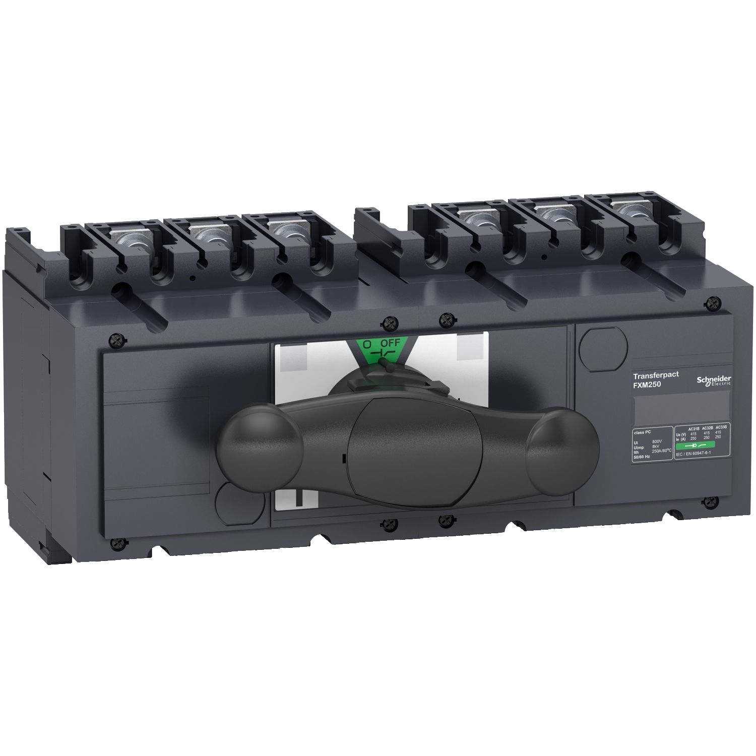 Picture of assembled manual source changeover, TransferPacT FXM250 for ComPacT INS250 switch disconnectors, 250A, 3P