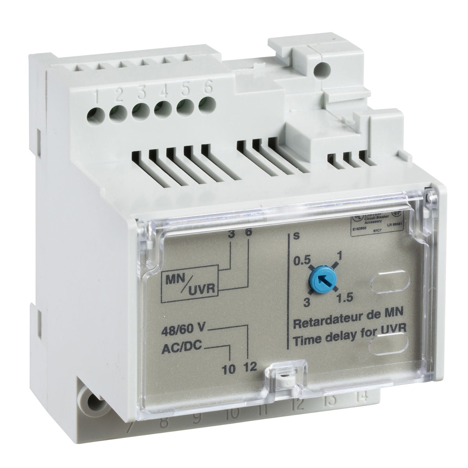 Picture of MN delay unit, MasterPact NT/NW, ComPacT NS, adjustable time delay 0.5s/3s, 200/250VDC, 200/250VAC 50/60Hz, spare part