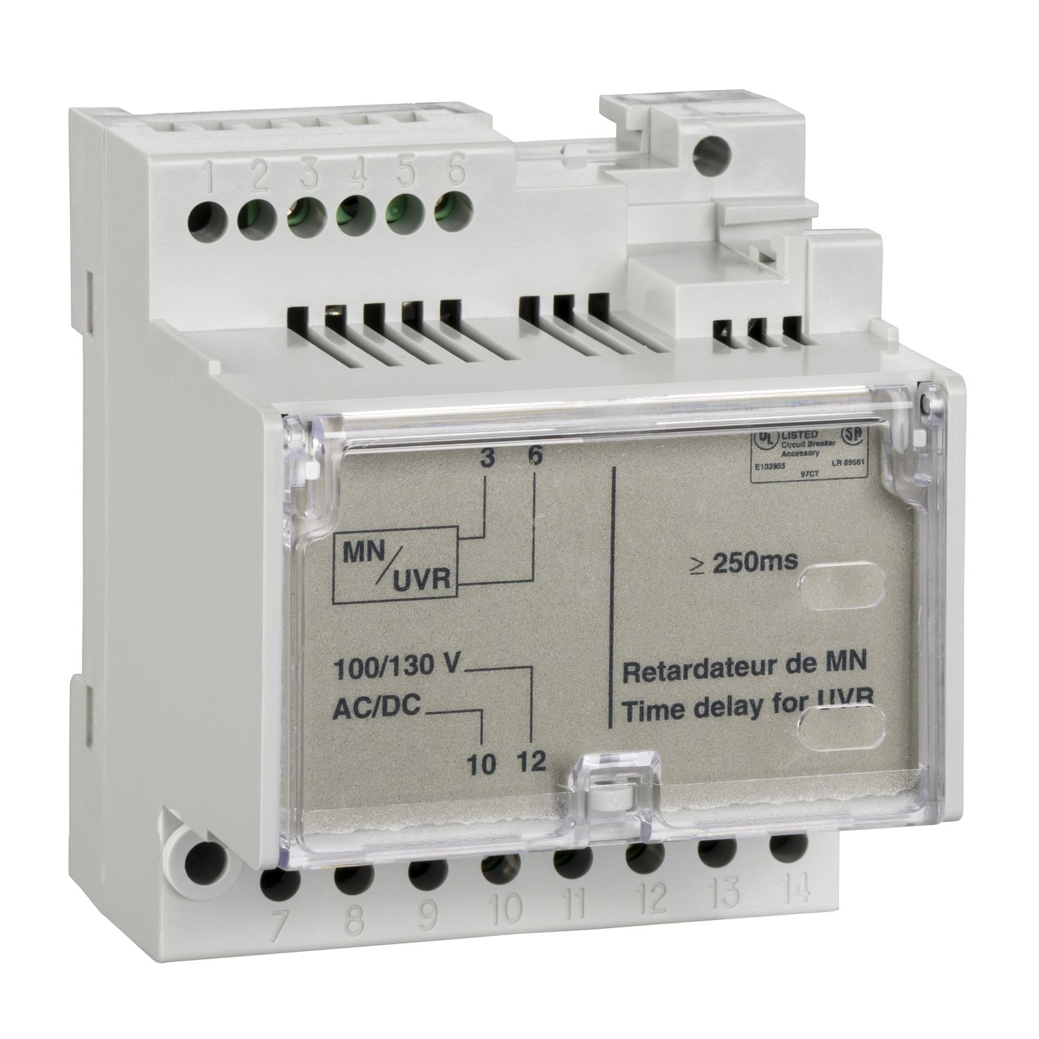 Picture of MN delay unit, MasterPact NT/NW, ComPacT NS, fixed time delay 0.25s, 200/250VDC, 200/250VAC 50/60Hz, spare part
