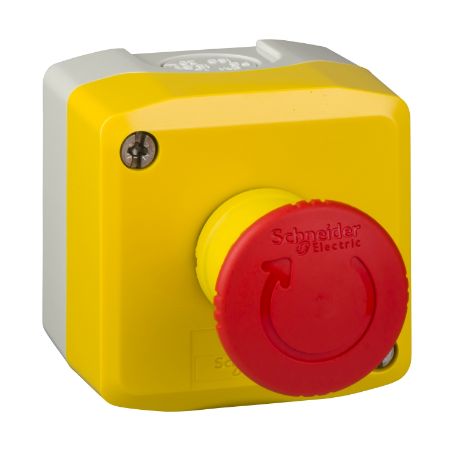 Picture of Harmony XALD XALK, Control station, plastic, yellow lid, 1 red mushroom push button 40mm, turn to release, 1NC