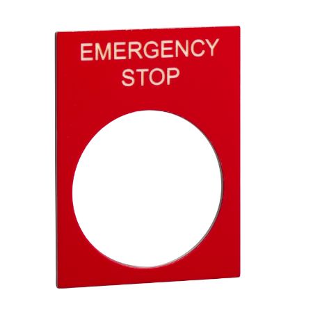 Picture of Marked legend, Harmony XAC, nameplate, 30 x 40mm, plastic, red, 22mm push button, white marked EMERGENCY STOP