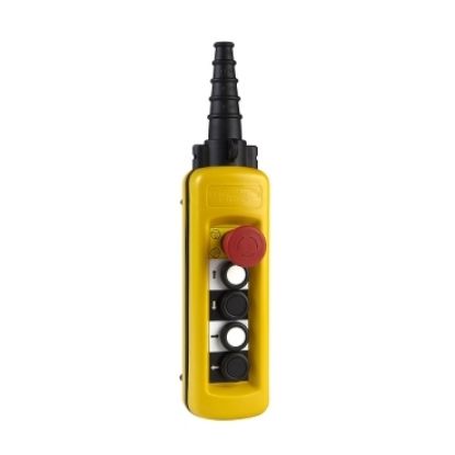 Picture of Pendant control station, Harmony XAC, plastic, yellow, 4 push buttons with NO+NC, 1 emergency stop NC
