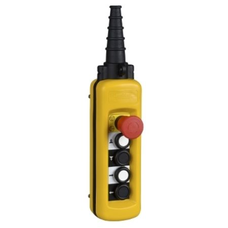 Picture of Pendant control station, Harmony XAC, plastic, yellow, 4 push buttons with 2NO+1NC, 1 emergency stop NC
