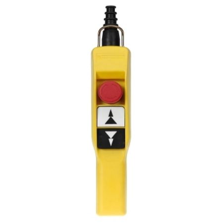 Picture of Pendant control station, Harmony XAC, plastic, yellow, pistol grip, 2 push buttons with 2NO, 1 emergency stop NC