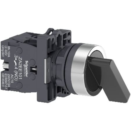 Picture of Complete selector switch, Easy Harmony XA2, plastic, black, 22mm, long handle, 3 positions, stay put, 2NO