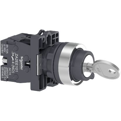 Picture of Complete selector switch, Easy Harmony XA2, plastic, black, 22mm, key 455, 2 positions, spring return from right to left, 2NO