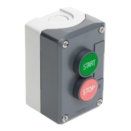 Picture of Harmony XALD XALK, Control station, plastic, dark grey lid, 2 flush push buttons 22mm, marked START STOP, 1NO+1NC