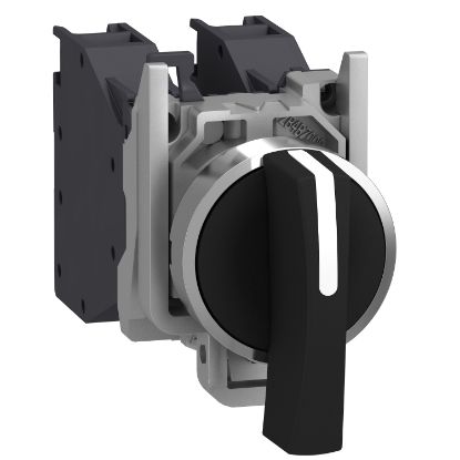 Picture of Selector switch, Harmony XB4 - ATEX D, metal, 22mm, 3 positions, black long handle, spring return, screw clamp terminals, 2NO