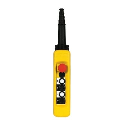Picture of Pendant control station, Harmony XAC, plastic, yellow, 4 push buttons with 1NO, 1 emergency stop NC