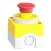 Picture of Control station, Harmony XALD, plastic, yellow lid, 1 emergency stop 40mm, turn to release, illuminated ring white red fixed, 1NO 1NC, 24V AC DC