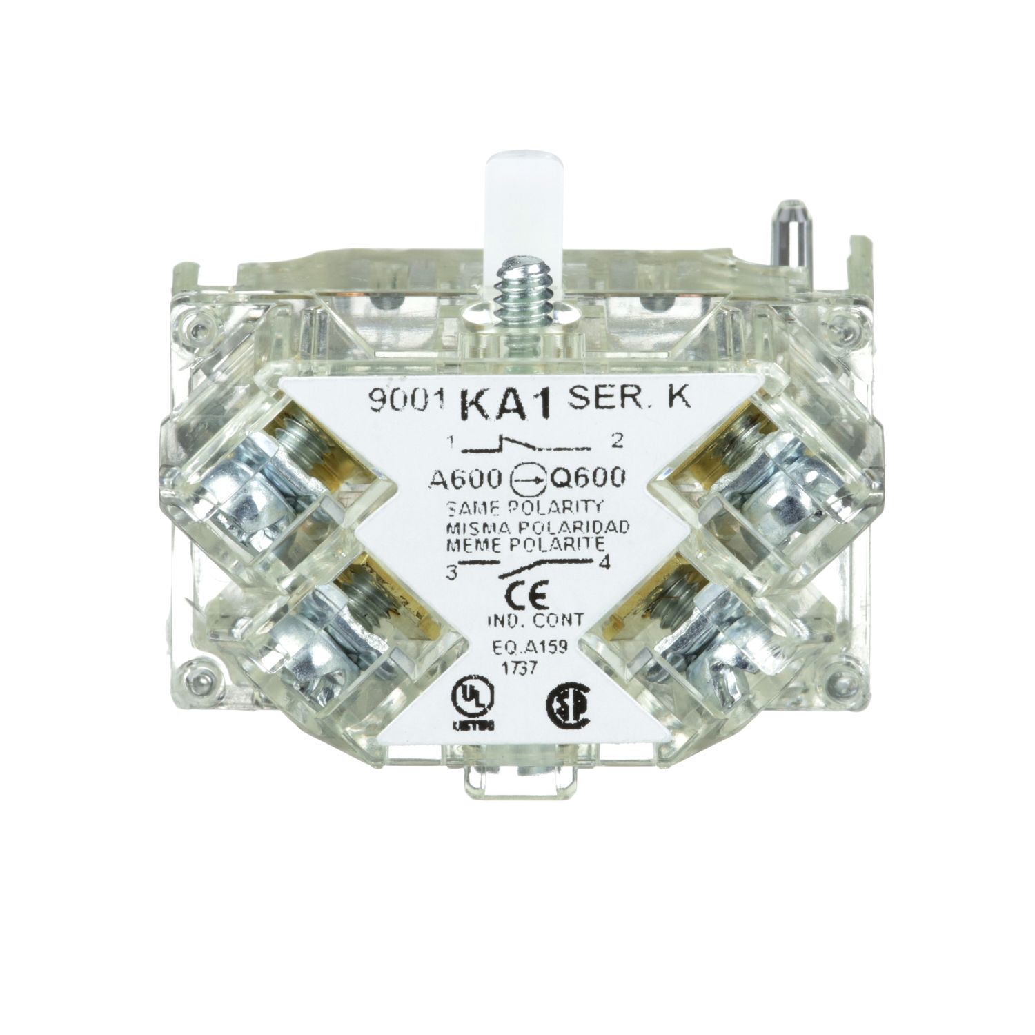 Picture of Contact block with protected terminals, Harmony 9001K, Harmony 9001SK, 0...600V, silver alloy contacts, screw clamp terminal, positive opening, 1 CO