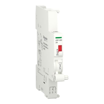 Picture of Auxiliary contact, Acti9 A9A, iOF+SD, 1 NO + 1 NC, 2mA to 100mA, 24VDC, Ti24 connector on bottom (sold separately)