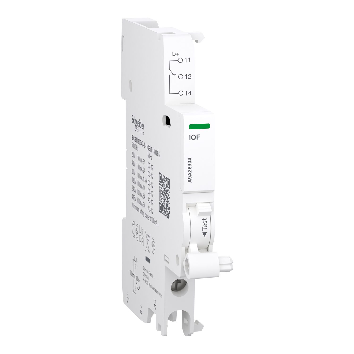 Picture of Auxiliary contact, Acti9, iOF, 1 C/O, 100mA to 6A, 24VAC to 415VAC, 24-130 VDC, bottom connection