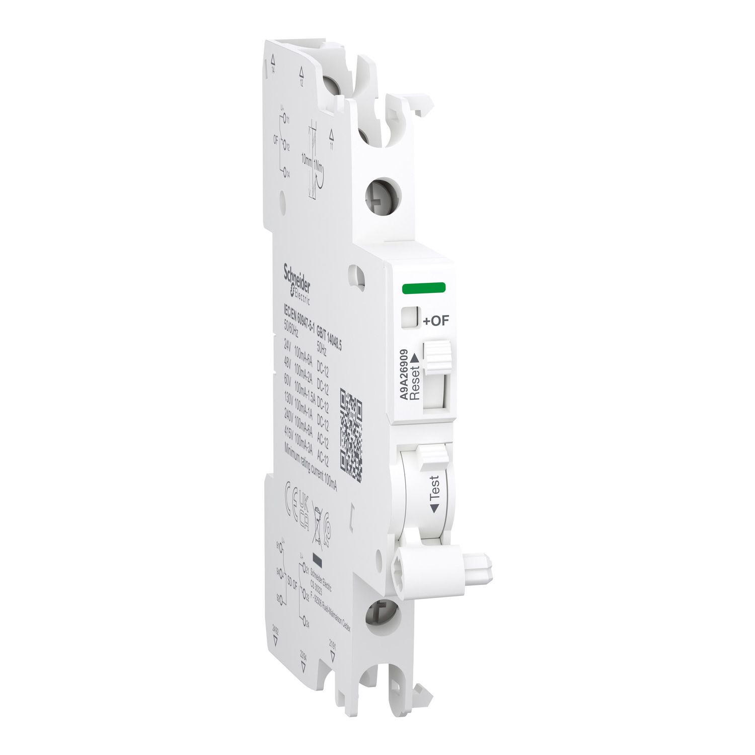Picture of Auxiliary contact, Acti9, iOF/SD+OF, 2 C/O, 100mA to 6A, 24VAC to 415VAC, 24VDC to 130VDC, top and bottom connection