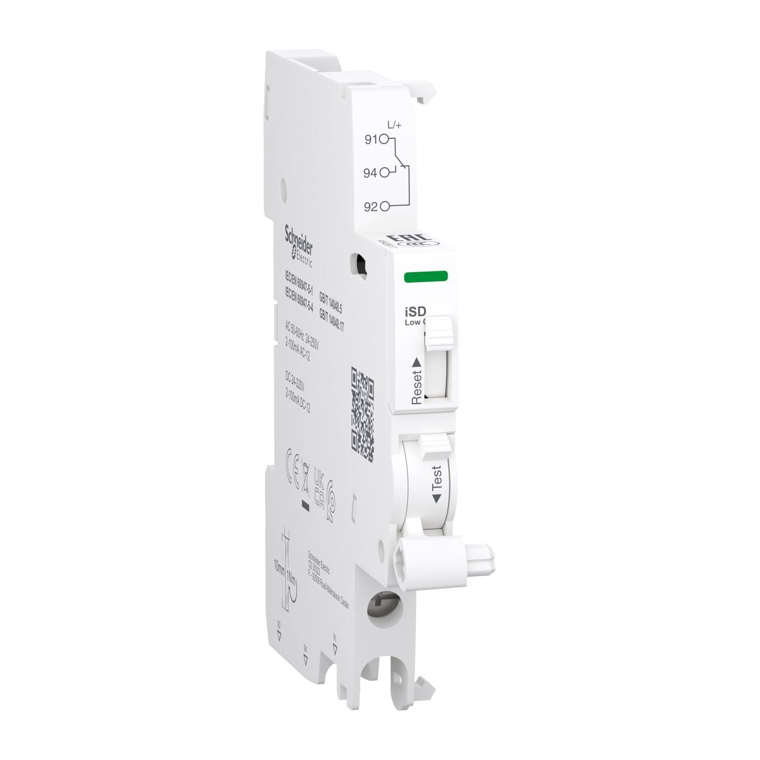 Picture of Auxiliary contact, Acti9, iSD, 1 C/O, 2mA to 100mA, 24VAC to 250VAC, 24VDC to 220VDC, bottom connection