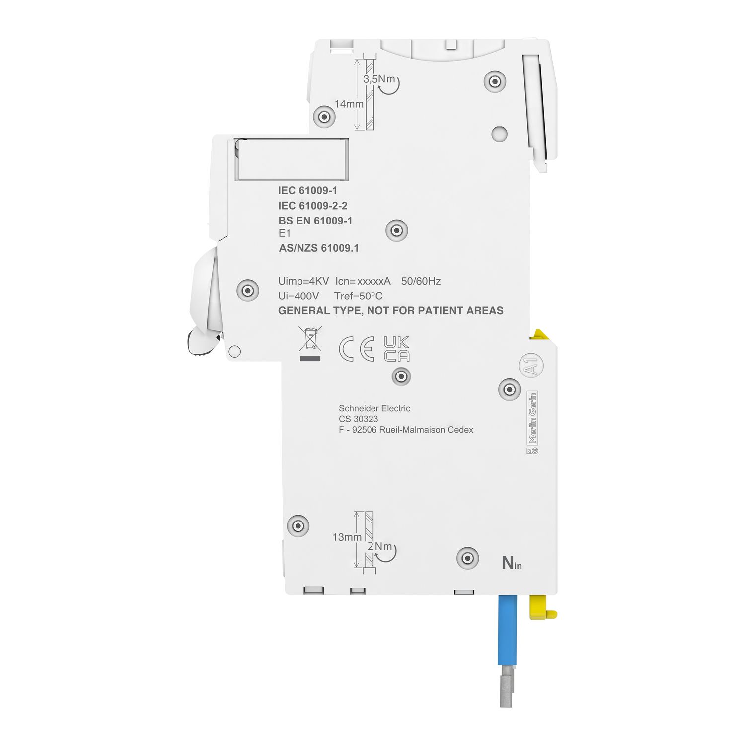 Picture of Residual current breaker with overcurrent protection (RCBO), Acti9 iC60H RCBO, 1P + Ns, 6A, 10mA, A type, 10000A