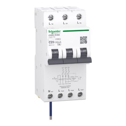 Picture of Residual current breaker with overcurrent protection (RCBO), Acti9 iC60H3, 3P+Ns, C Curve, 25A, 100mA, A type, 10000A