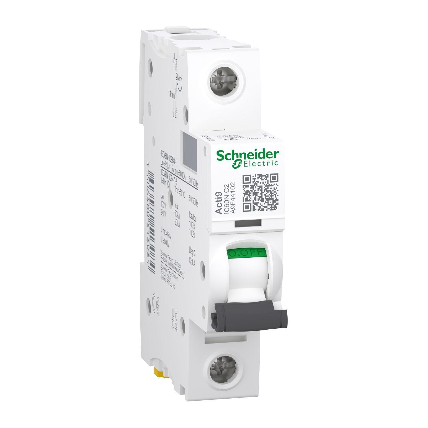 Picture of Miniature circuit breaker (MCB), Acti9, iC60N Disbo, 1P, 2A, C curve, 6000A (IEC/EN 60898-1), 50kA (IEC/EN 60947-2)