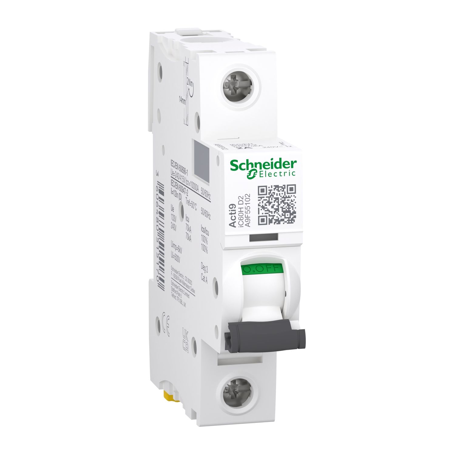 Picture of Miniature circuit breaker (MCB), Acti9, iC60H Disbo, 1P, 2A, D curve, 10000A (IEC/EN 60898-1), 70kA (IEC/EN 60947-2)