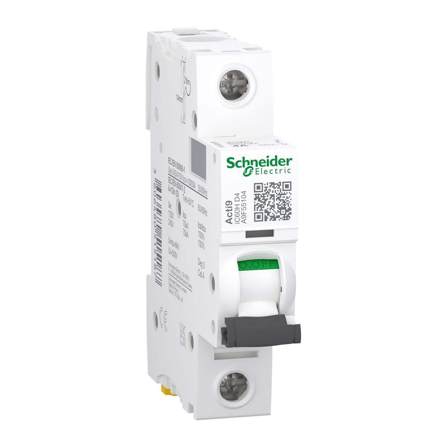 Picture of Miniature circuit breaker (MCB), Acti9, iC60H Disbo, 1P, 4A, D curve, 10000A (IEC/EN 60898-1), 70kA (IEC/EN 60947-2)