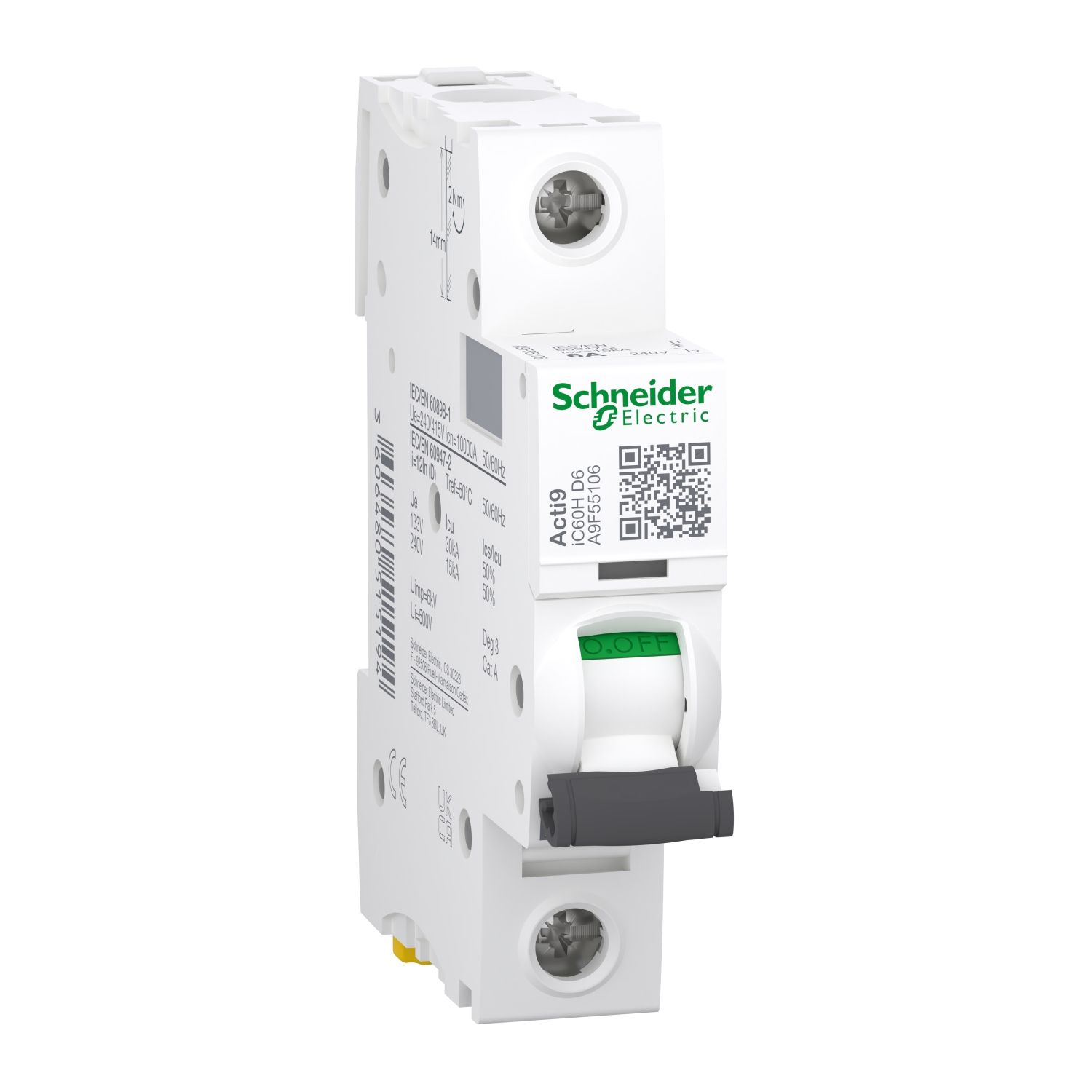 Picture of Miniature circuit breaker (MCB), Acti9, iC60H Disbo, 1P, 6A, D curve, 10000A (IEC/EN 60898-1), 15kA (IEC/EN 60947-2)
