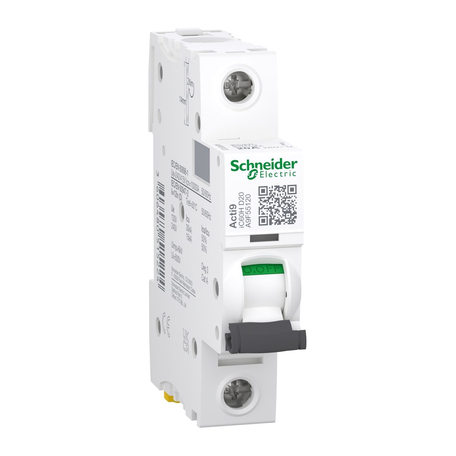 Picture of Miniature circuit breaker (MCB), Acti9, iC60H Disbo, 1P, 20A, D curve, 10000A (IEC/EN 60898-1), 15kA (IEC/EN 60947-2)