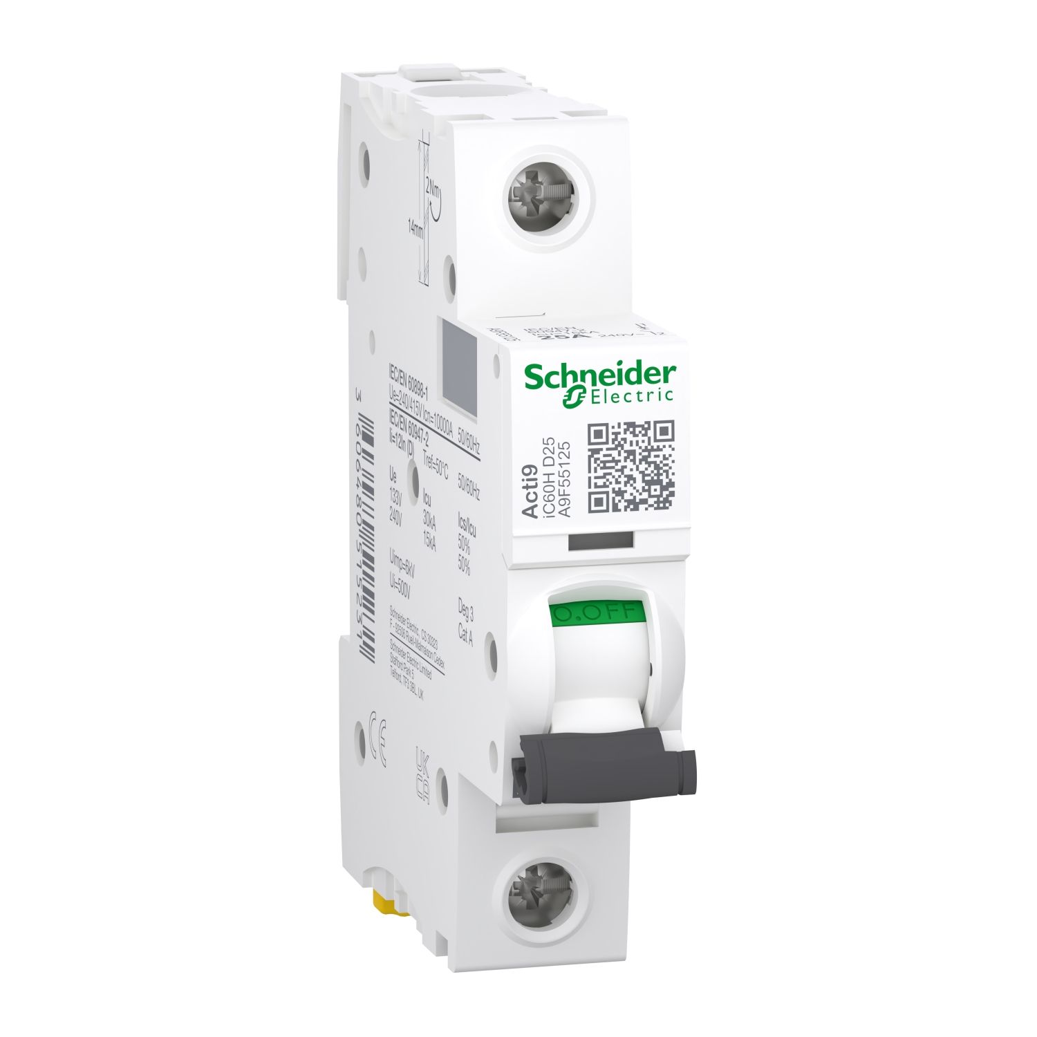 Picture of Miniature circuit breaker (MCB), Acti9, iC60H Disbo, 1P, 25A, D curve, 10000A (IEC/EN 60898-1), 15kA (IEC/EN 60947-2)