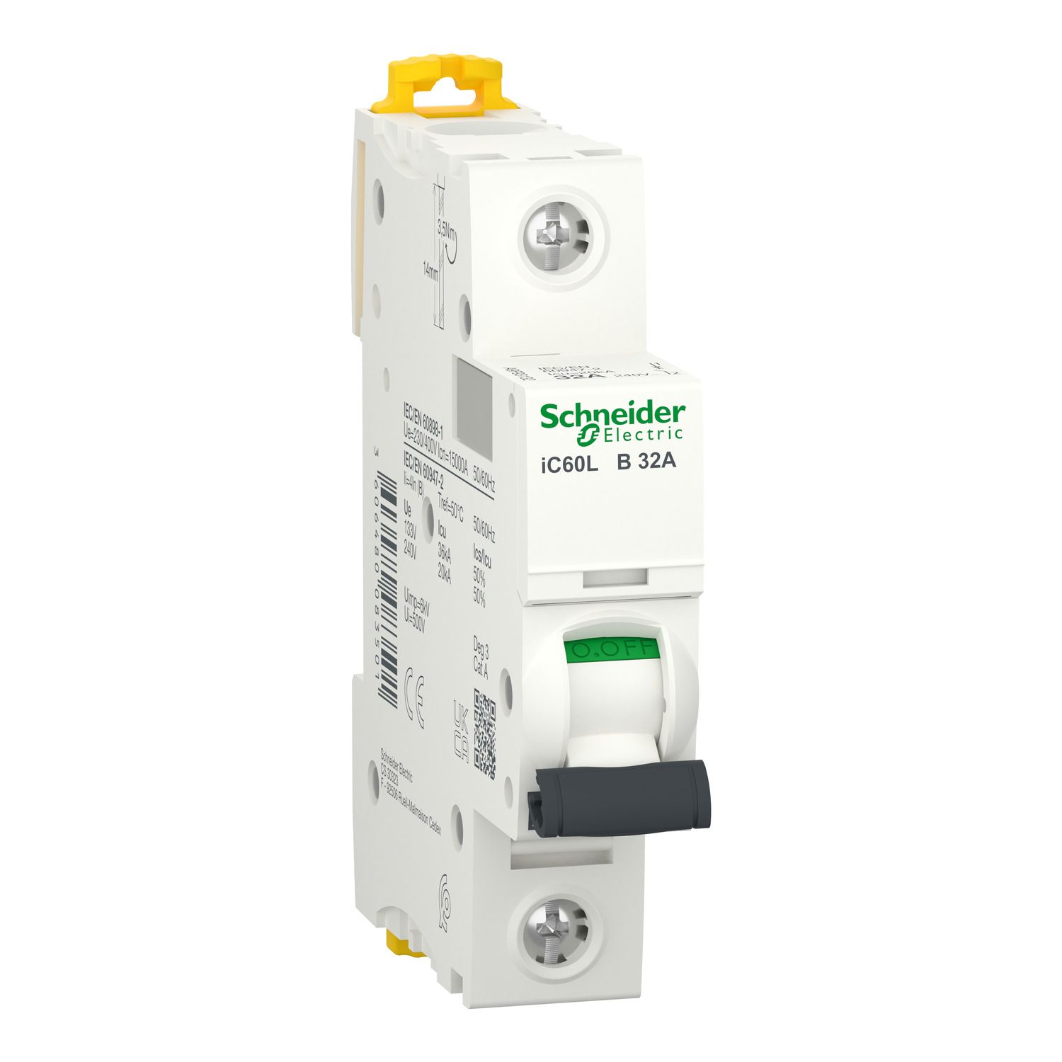 Picture of Miniature circuit breaker (MCB), Acti9 iC60L, 1P, 32A, B curve, 15000A (IEC/EN 60898-1), 20kA (IEC/EN 60947-2)