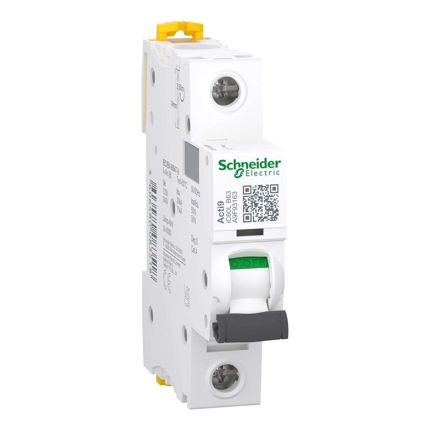 Picture of Miniature circuit breaker (MCB), Acti9 iC60L, 1P, 63A, B curve, 15kA (IEC/EN 60947-2)